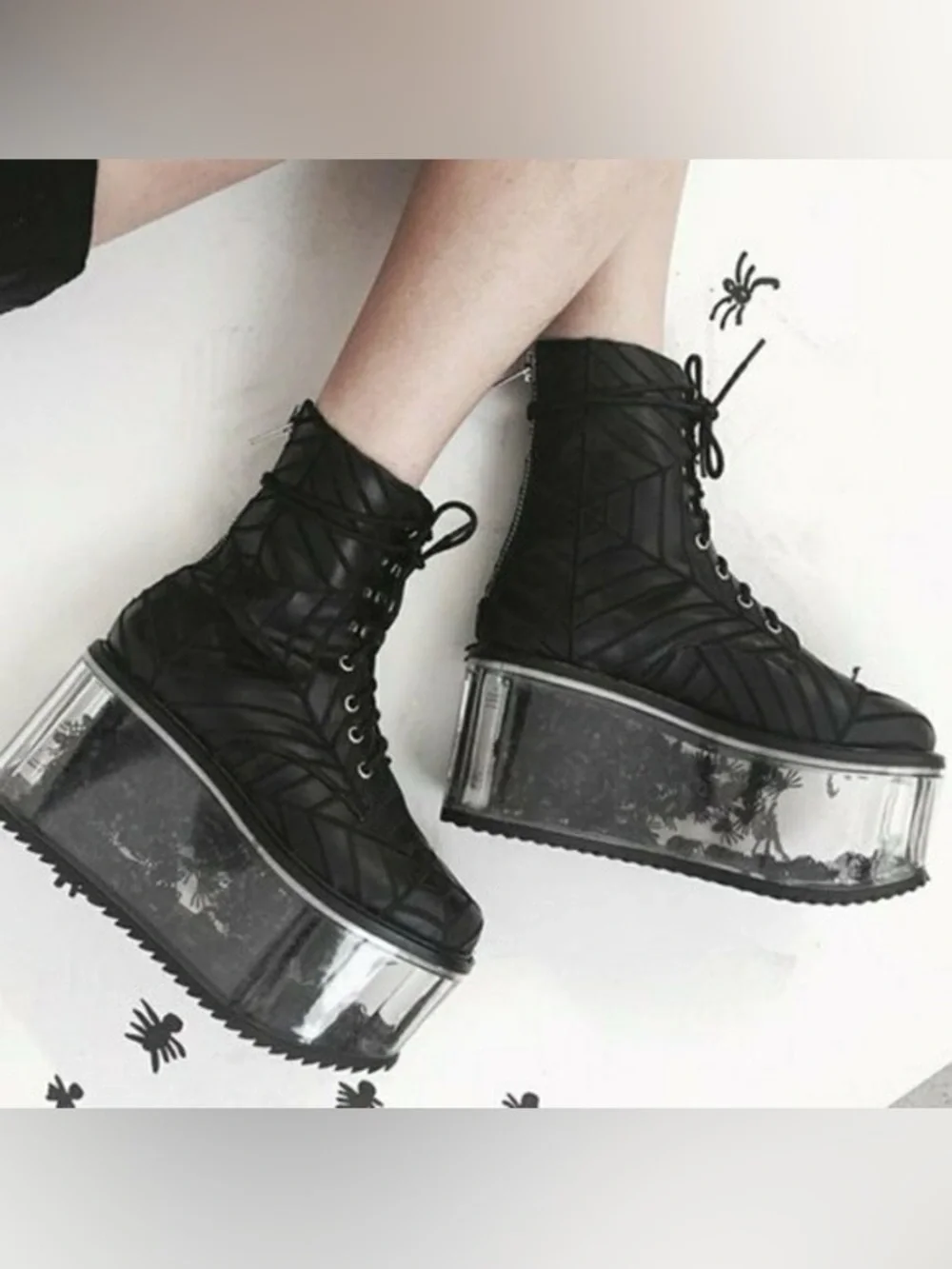 Dolly Bae Dolls Kill Harlots Black Platform Spider Web Lace-Up Ankle Boots - Picture 3 of 13
